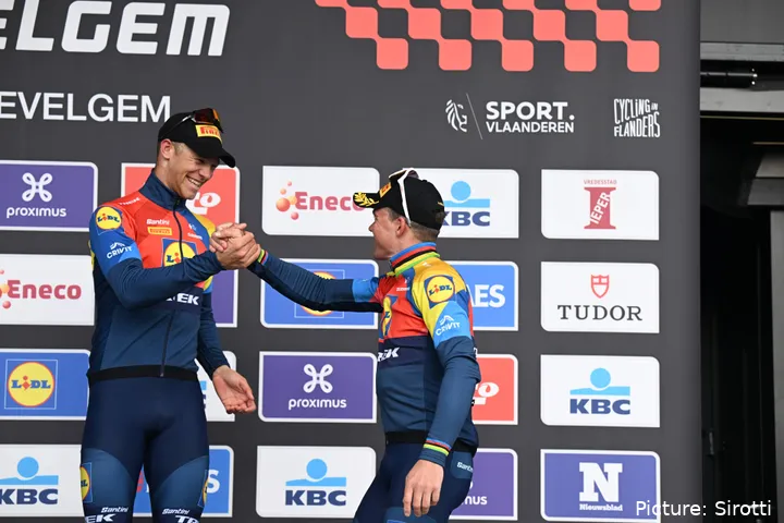 Jonathan Milan and Mads Pedersen on the Gent Wevelgem podium