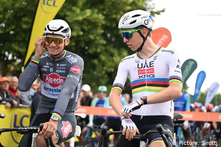 Mathieu van der Poel and Tadej Pogacar at the 2025 Criterium du Dauphiné
