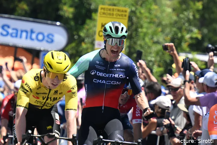 Tobias Lund Andresen raises his arms in celebration after winning stage 1 of the Tour Down Under 2026