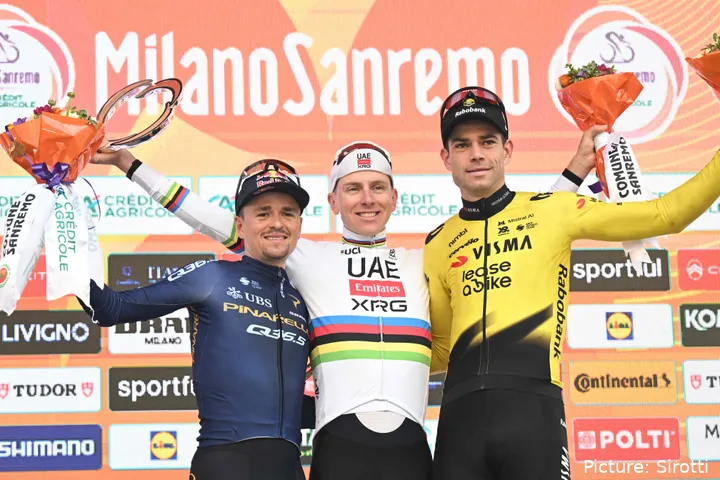 Tom Pidcock (L), Tadej Pogacar (M) and Wout van Aert (R) stand on the Milano-Sanremo podium