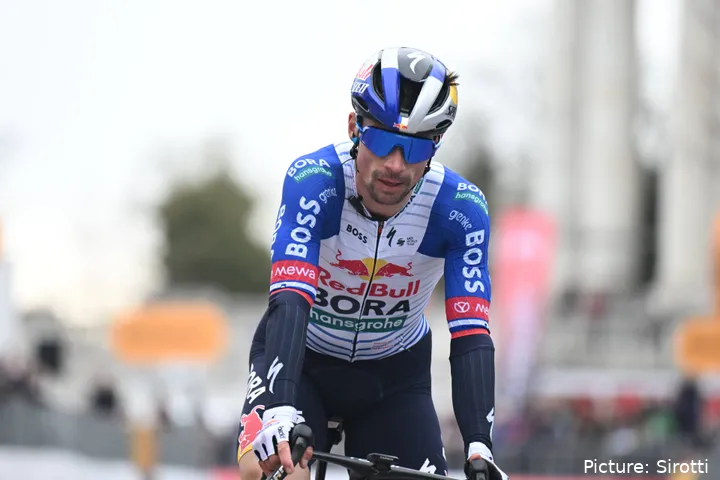 Primoz Roglic crosses the line at Milano-Torino 2026