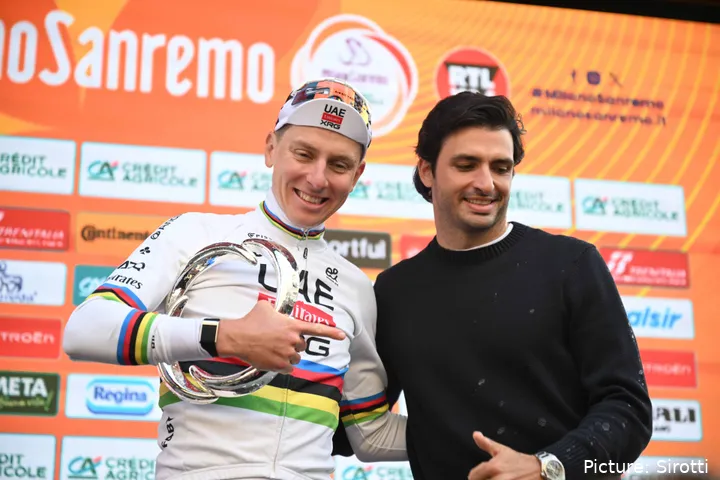 Tadej Pogacar celebrates his win at Milano-Sanremo 2026 with Carlos Sainz