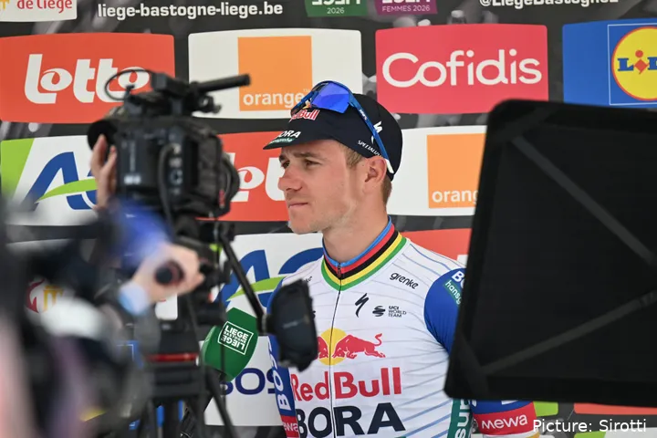 Remco Evenepoel at the pre-Liege-Bastogne-Liege 2026 team presentation