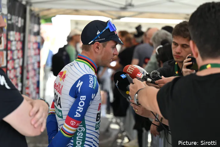 Remco Evenepoel at the pre-Liege-Bastogne-Liege 2026 team presentation