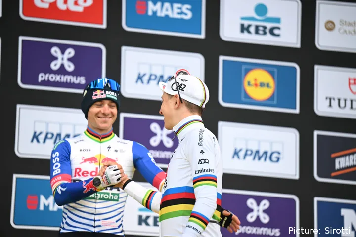 Remco Evenepoel and Tadej Pogacar at the 2026 Tour of Flanders