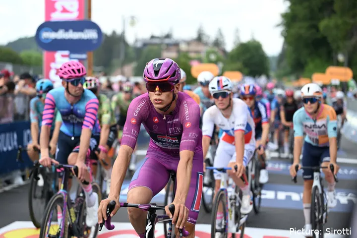 Paul Magnier crosses the line on stage 17 of the 2026 Giro d'Italia