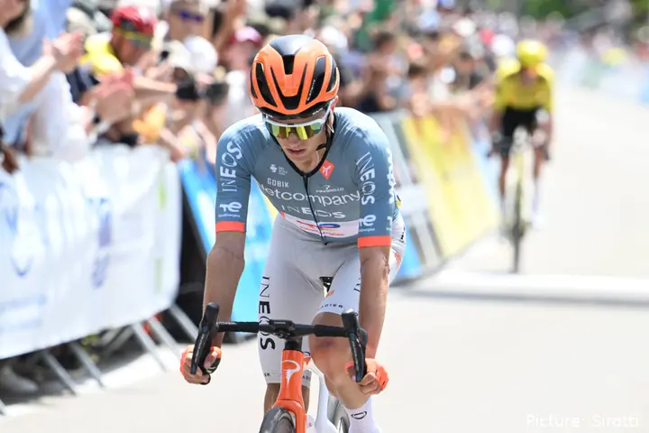 Oscar Onley crosses the line on stage 1 of the 2026 Tour Auvergne-Rhône-Alpes
