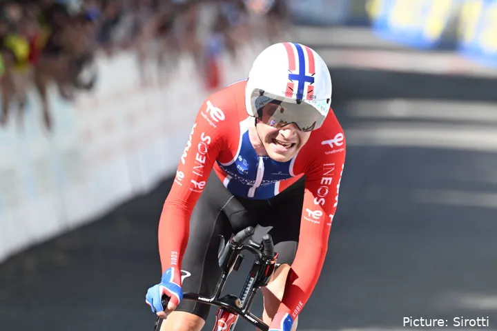 Tobias Foss in time trial action at the 2026 Tour de Suisse