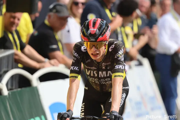 Jonas Vingegaard crosses the line at the 2026 Tour de France