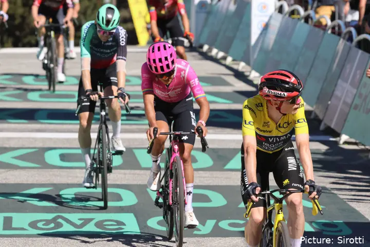 Jonas Vingegaard, Visma star, crosses the line at the Tour de France
