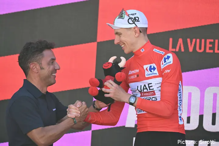 Tadej Pogacar and Joaquim Rodriguez on the podium after stage 4 of the 2026 Vuelta a Espana