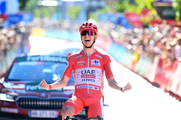Tadej Pogacar crosses the line after winning Stage 4 of the 2026 Vuelta a Espana