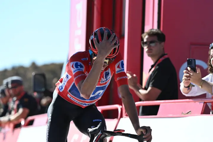 Enric Mas crosses the line on Stage 20 of the 2026 Vuelta a Espana