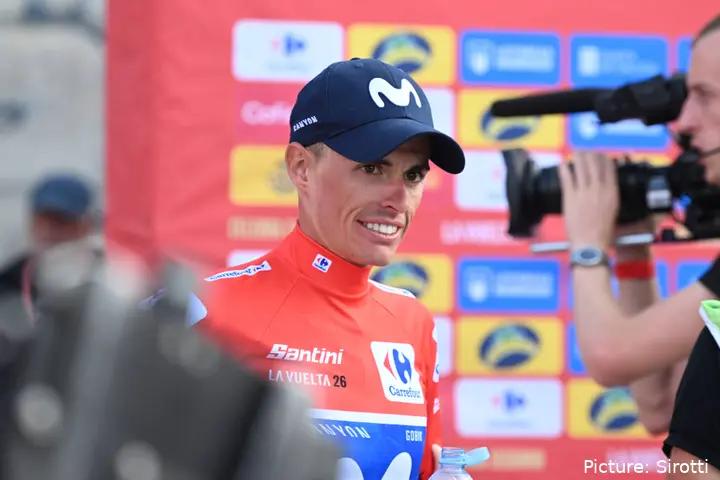 Enric Mas speaking to the media at the 2026 Vuelta a Espana
