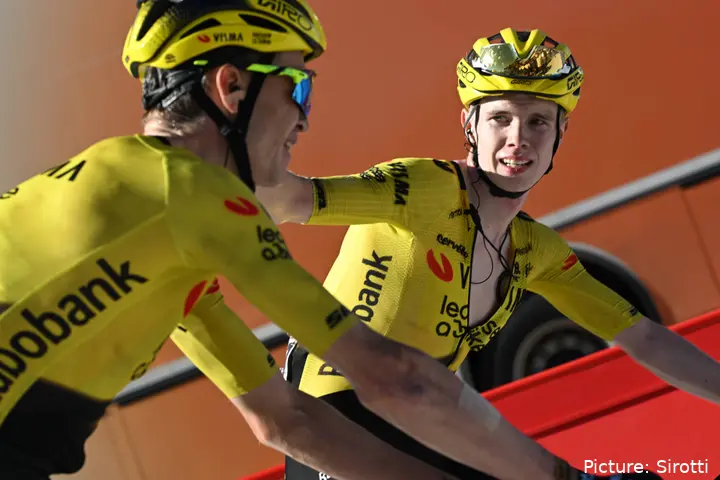 Sepp Kuss and Jorgen Nordhagen crosses the line on Stage 20 of the 2026 Vuelta a Espana
