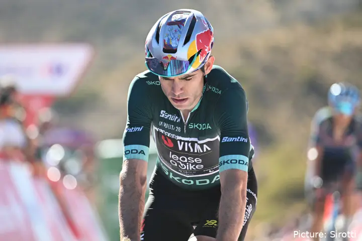 Wout van Aert crosses the line on Stage 20 of the 2026 Vuelta a Espana