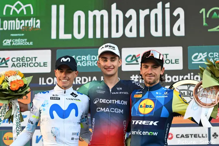 Enric Mas, Paul Seixas and Giulio Ciccone on the final podium of Il Lombardia 2026