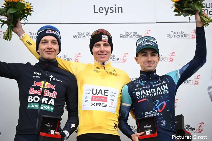 Florian Lipowitz, Tadej Pogacar und Lenny Martinez auf dem Schluss­podium der Tour de Romandie 2026