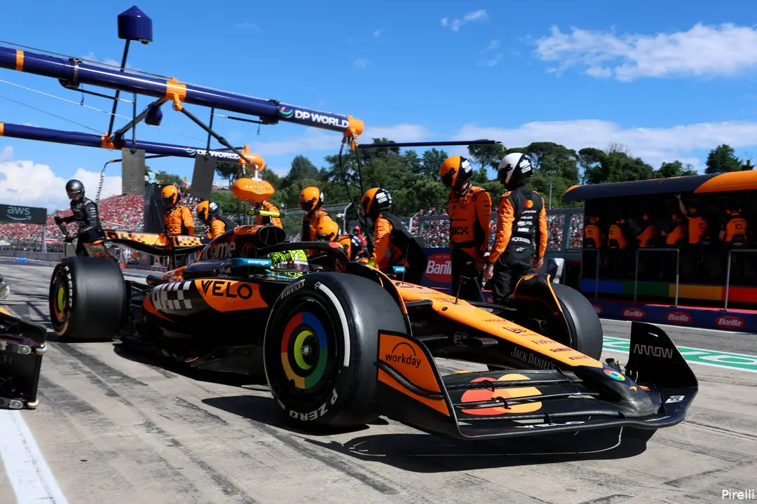 <i>Norris krijgt nieuw Pirelli-rubber.</i>