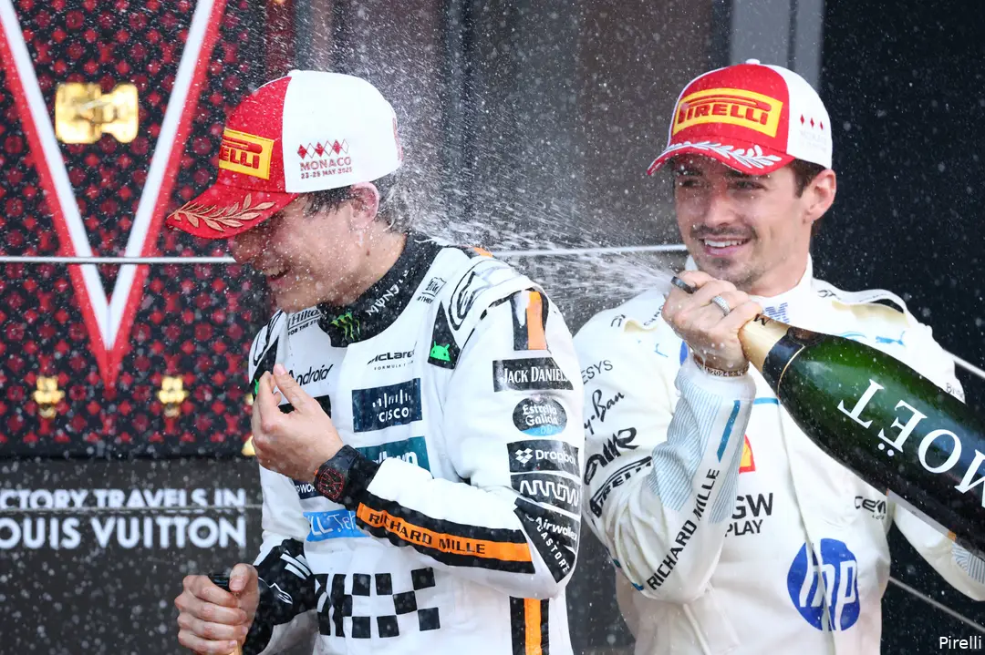 pirelli podium ferrari charles leclerc mclaren oscar piastri champagne gp monaco 2025 zondag