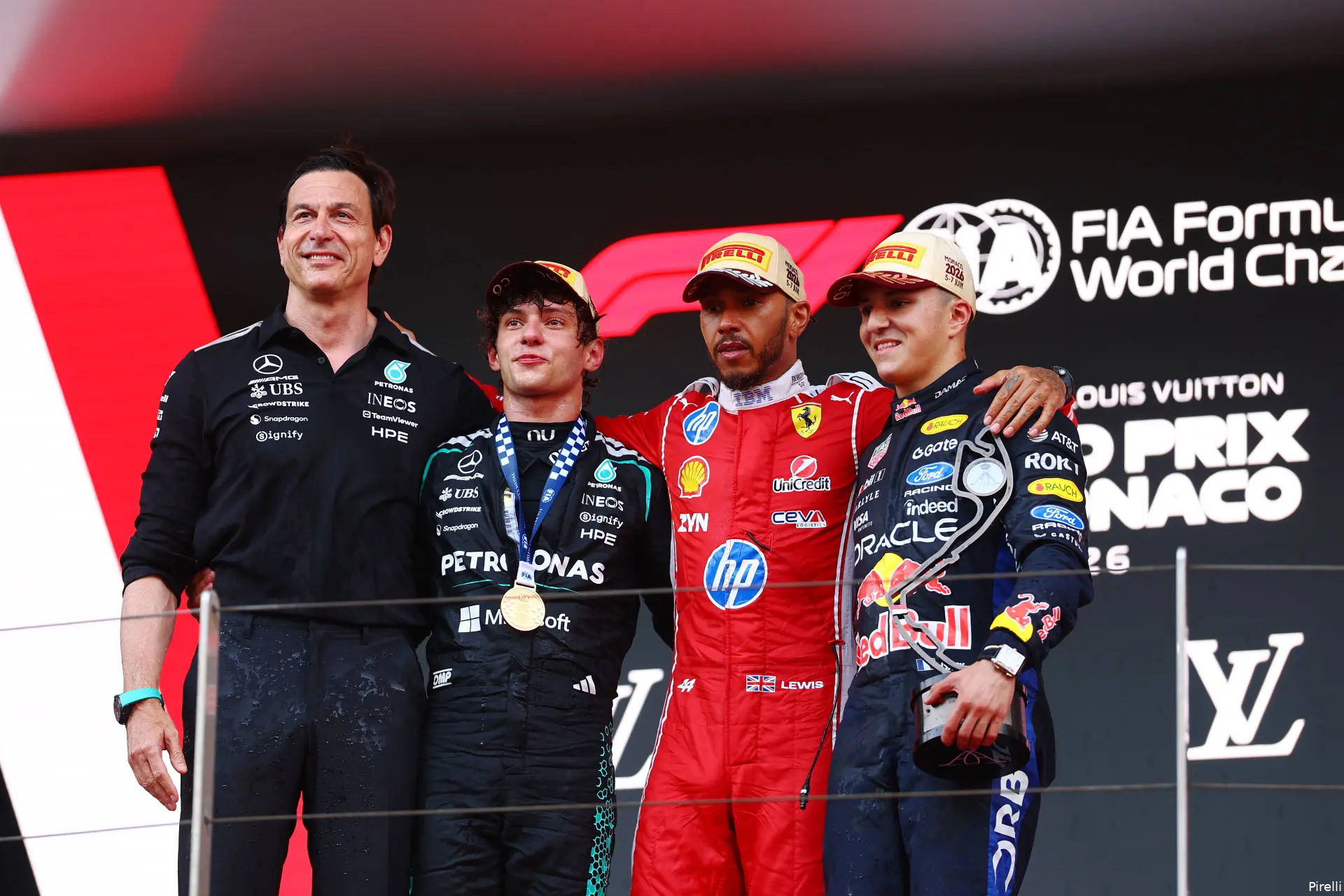 mercedes-toto-wolff-kimi-antonelli-ferrari-lewis-hamilton-red-bull-racing-isack-hadjar--pirelli-2026-zondag-monaco-race