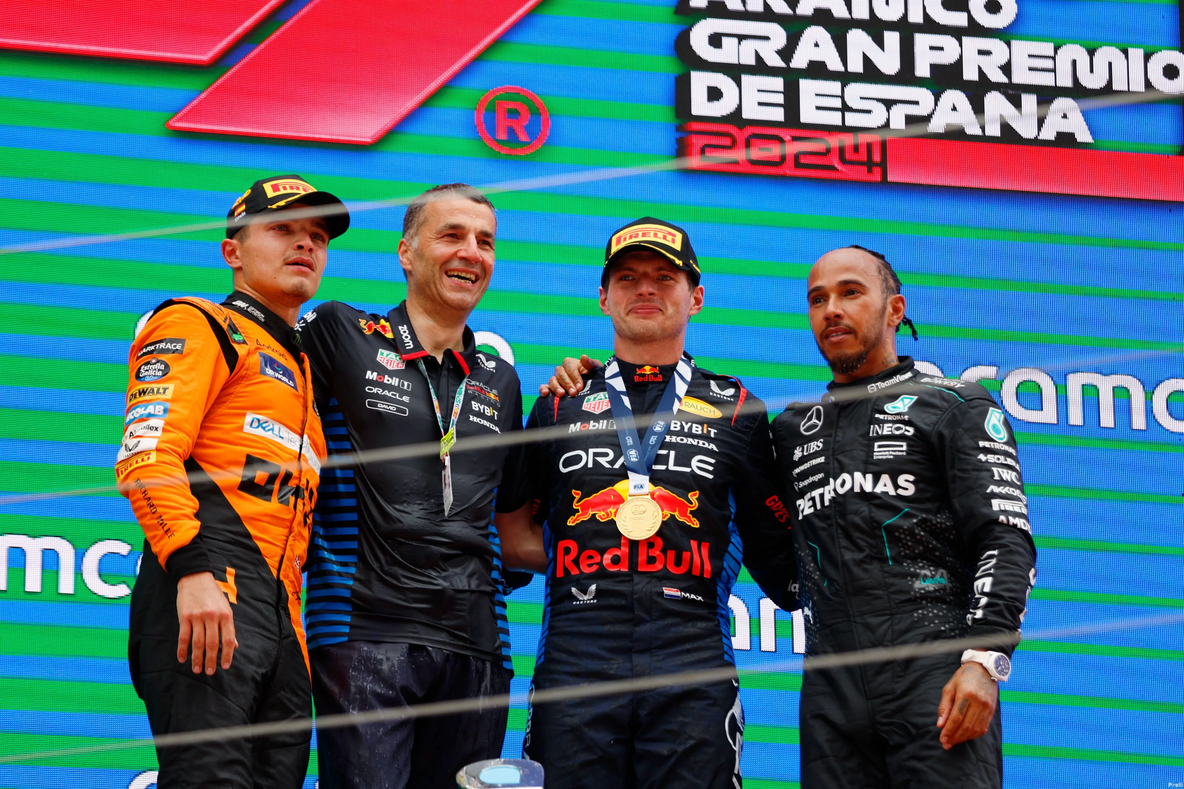 26 sunday barcelona 2024 max verstappen podium lando norris lewis hamilton