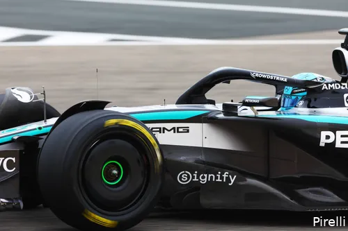 <i>George Russell lijkt de enige te zijn die het nieuwe Pirelli-rubber niks vindt.&nbsp;</i>