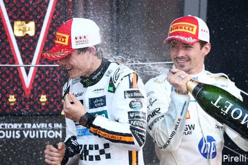 pirelli podium ferrari charles leclerc mclaren oscar piastri champagne gp monaco 2025 zondag