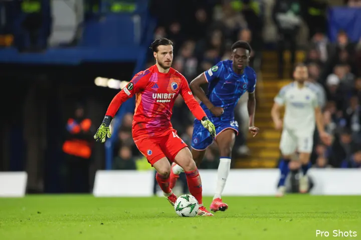 Ramaj in actie namens FC Kopenhagen op bezoek bij Chelsea in de Conference League.&nbsp;