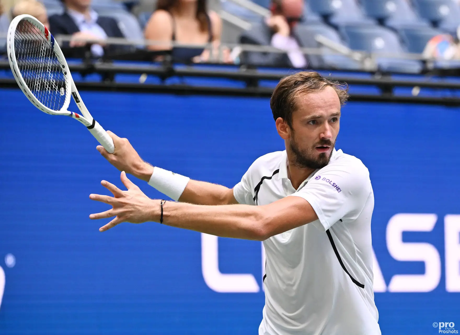 Daniil Medvedev hits a forehand at the US Open first round.