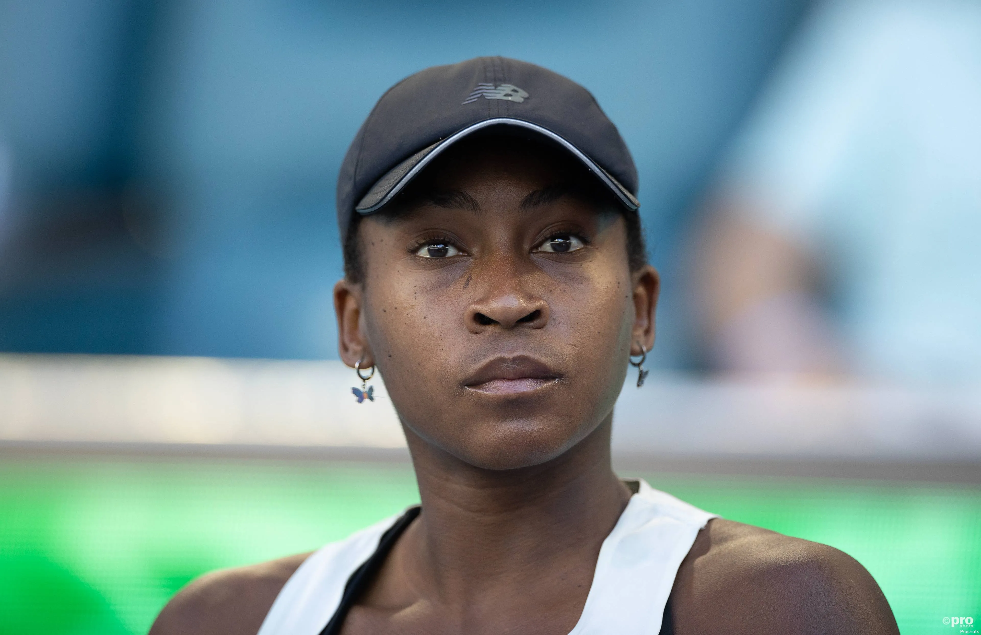 Gauff sits pensively.