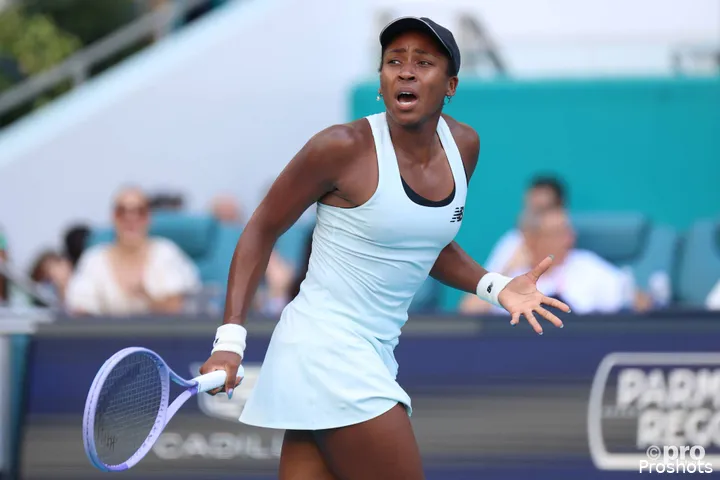 Gauff celebrates point win.