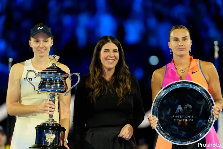 Jennifer Capriati at the 2026 Australian Open trophy presentation ceremony, alongside Elena Rybakina (champion) and Aryna Sabalenka (runner-up)