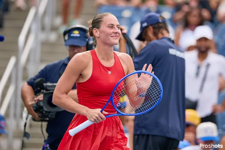 Marta Kostyuk applauds after her first round victory at US Open 2026.