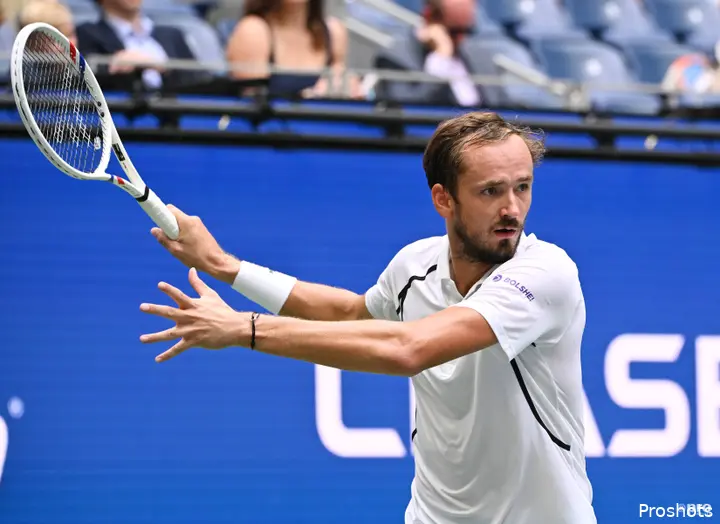 Daniil Medvedev hits a forehand at the US Open first round.