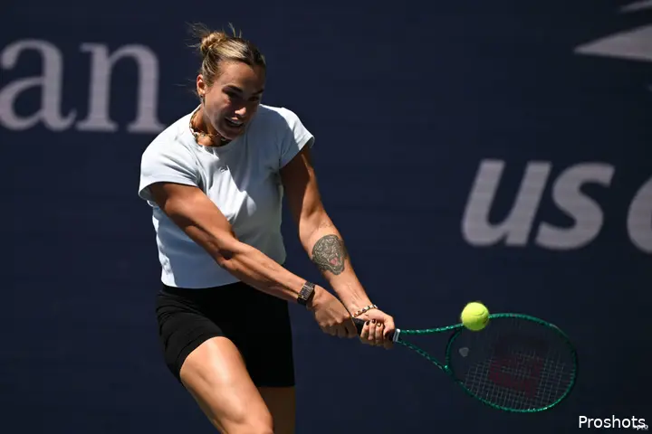 Sabalenka returns in practice.