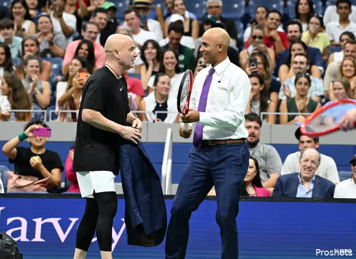 James Blake and Andre Agassi chatting