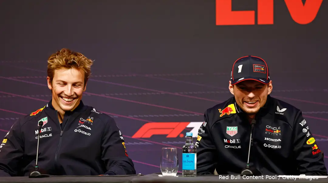 max verstappen liam lawson launch event 2025 red bull racing