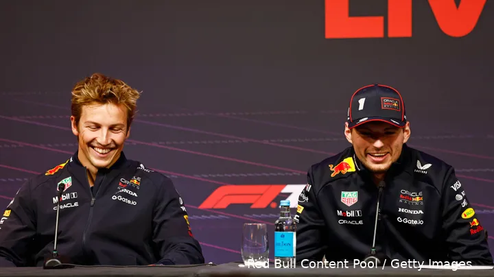 max verstappen liam lawson launch event 2025 red bull racing