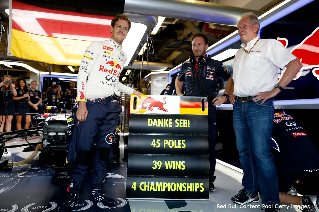 <i>Vettel nam aan het einde van 2014 afscheid van Red Bull met vier wereldtitels.</i>