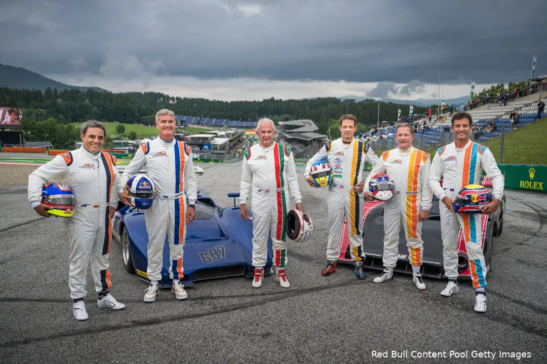 juan pablo montoya david coulthard alexander wurz mark webber jos verstappen helmut marko legends parade