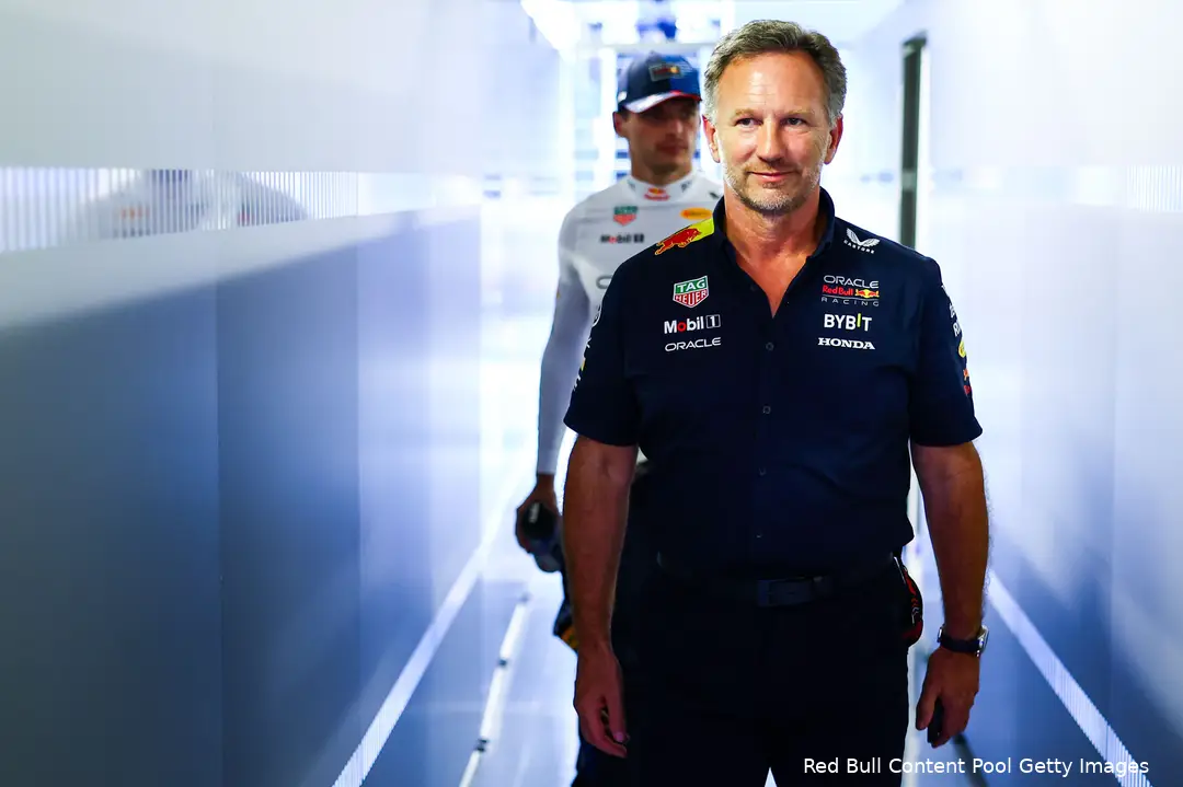 <i>Christian Horner en Max Verstappen.</i>