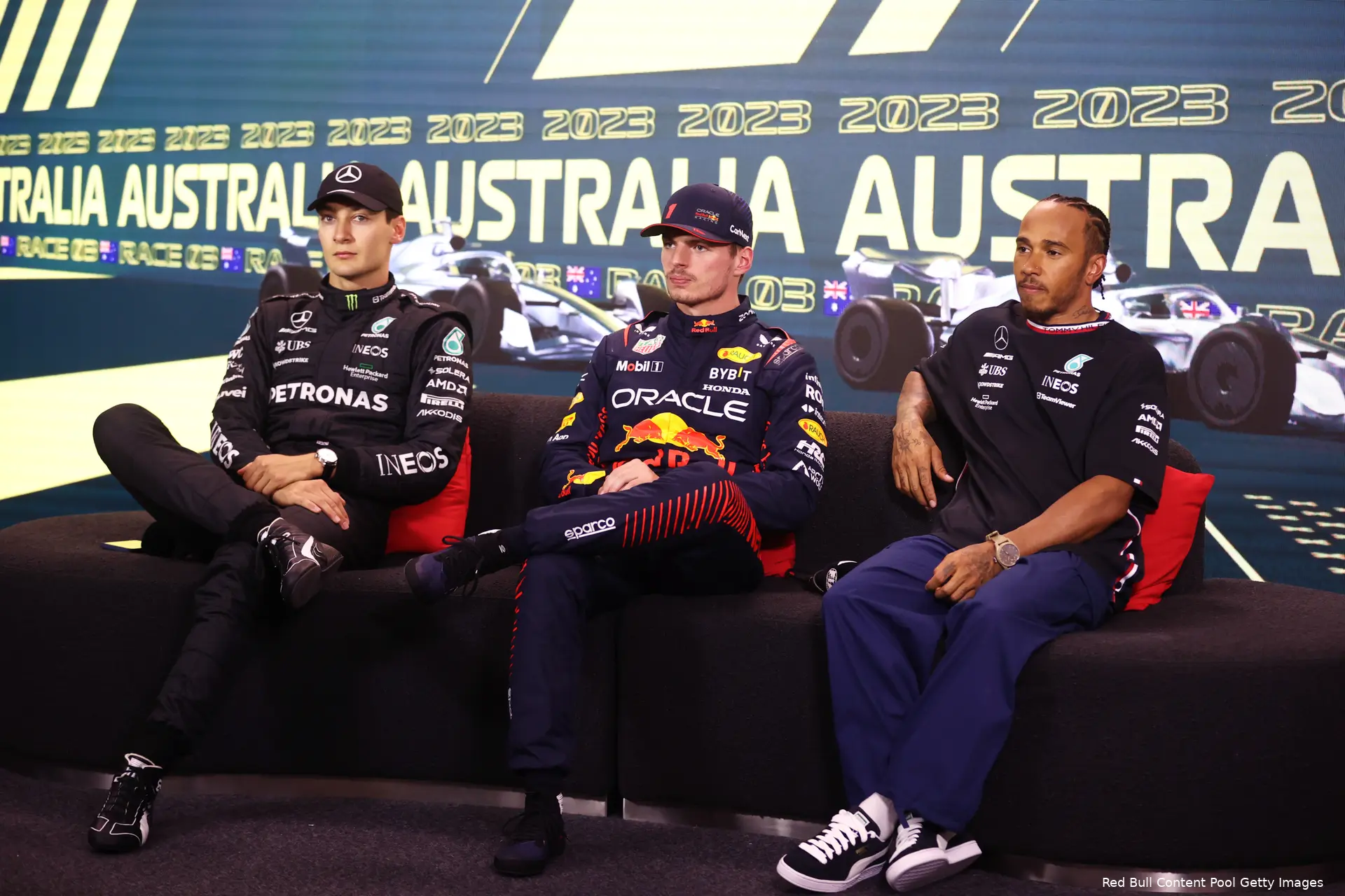george russell lewis hamilton max verstappen red bull racing mercedes f1 gp australie 2023