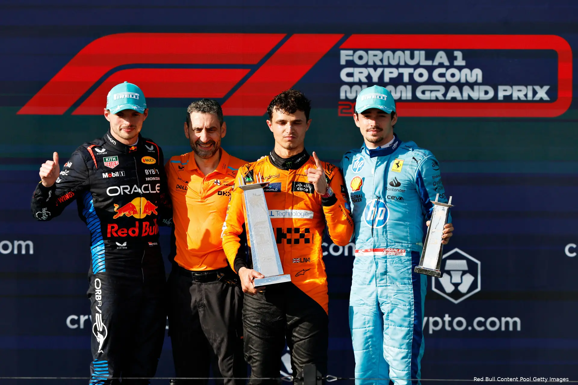 max verstappen miami 2024 red bull podium lando norris charles leclerc