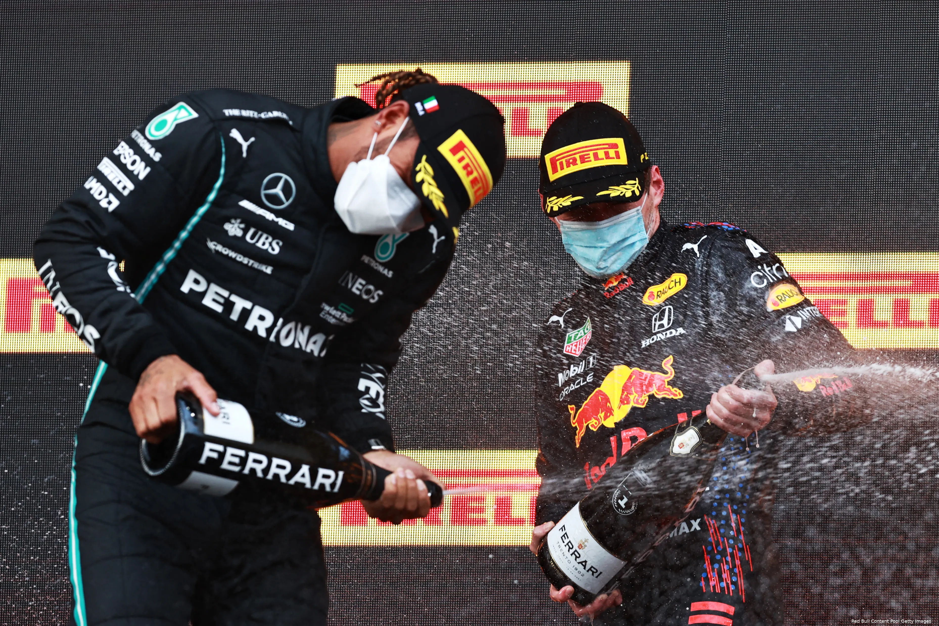 Max Verstappen Lewis Hamilton podium champagne