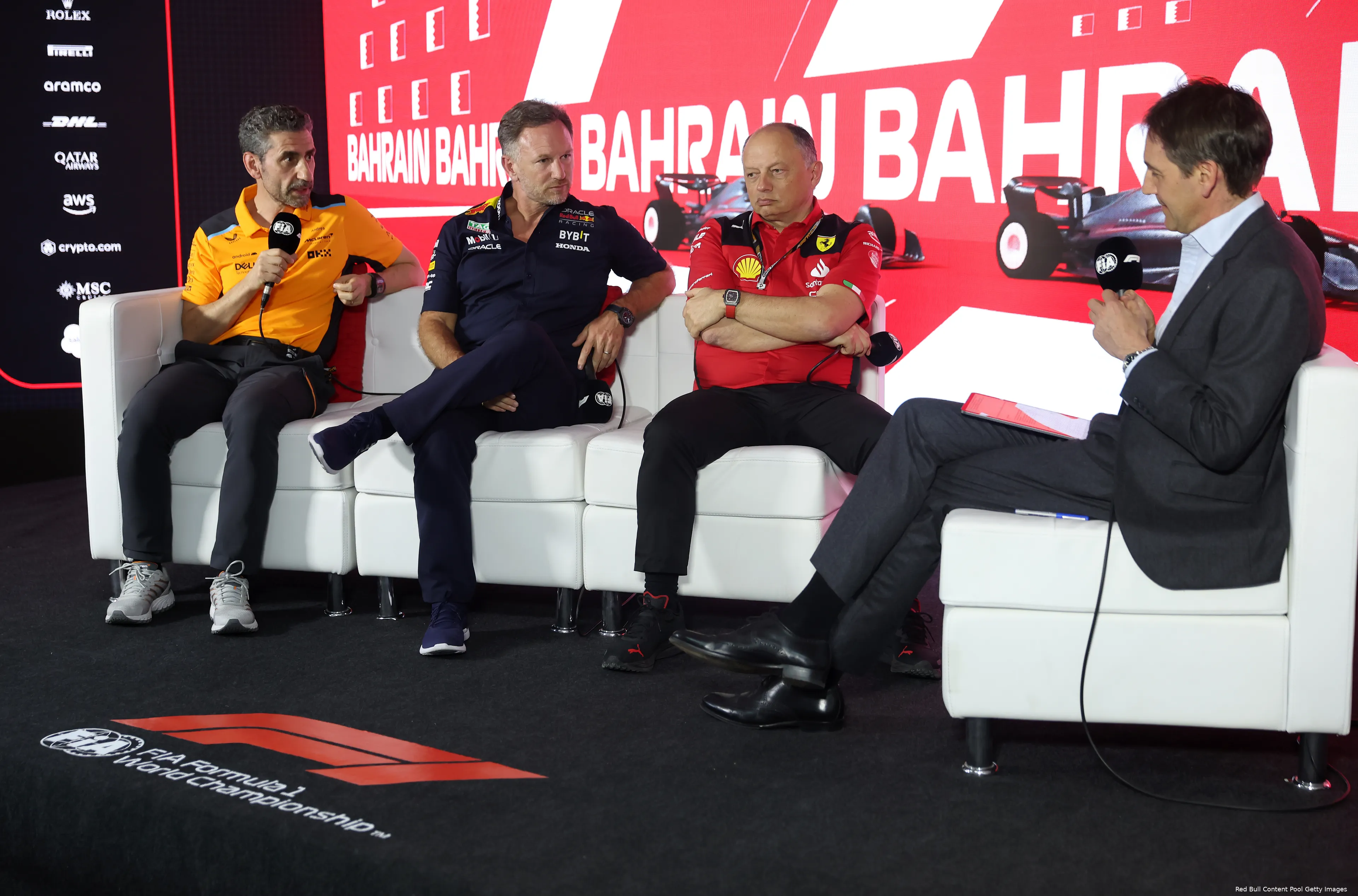 andrea stella frederic vasseur christian horner red bull racing mclaren ferrari f1 gp bahrein 2023