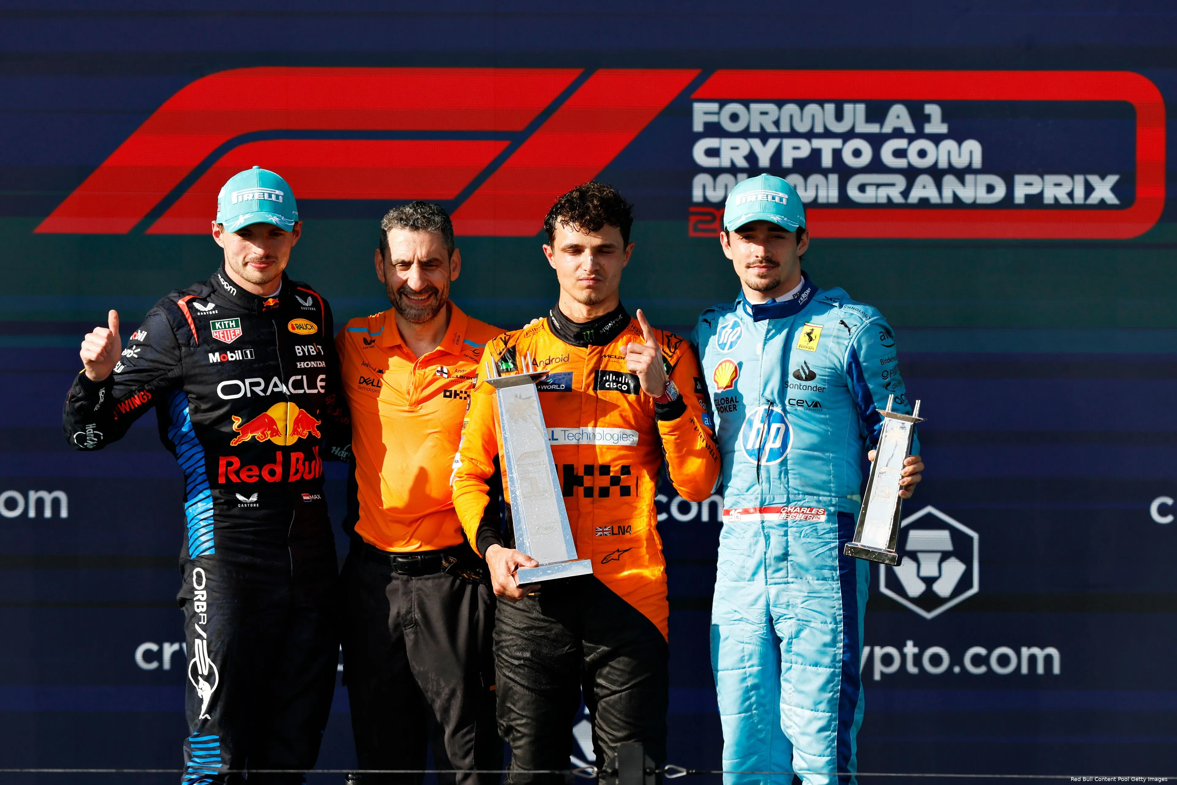 max verstappen miami 2024 red bull podium lando norris charles leclerc