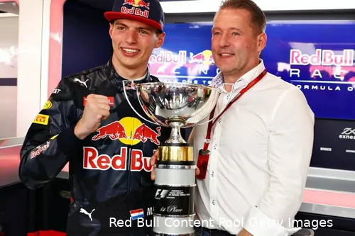 <i>Max Verstappen met zijn vader Jos Verstappen na het winnen van de Grand Prix van Spanje. (Foto: Red Bull Content Pool/Getty Images)</i>