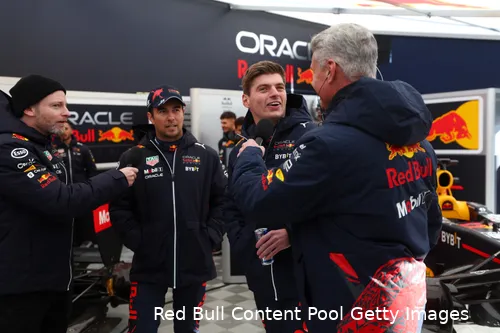 max verstappen sergio perez david coulthard red bull racing f1 2022 milton keynes home run
