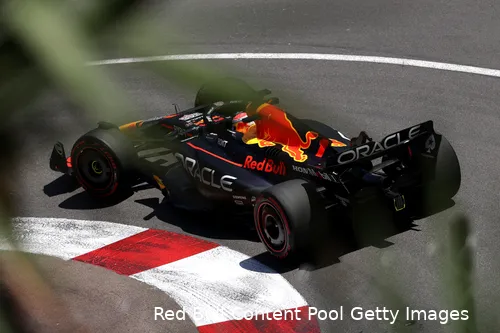 Verstappen in zijn Red Bull, Grand Prix van Monaco, 2023.<br>